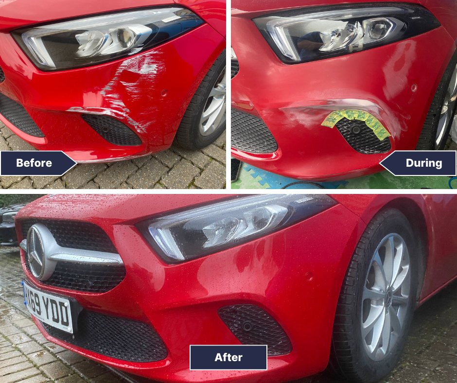 Before, during and after bumper scratch repair on a red Mercedes