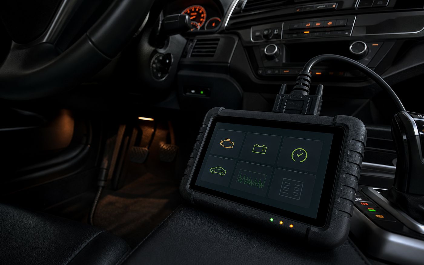 OBD diagnostic tablet connected inside a car