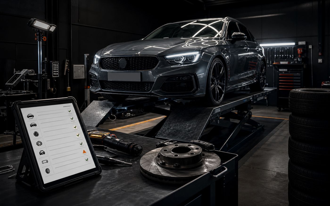 Car in a professional inspection bay for MOT support