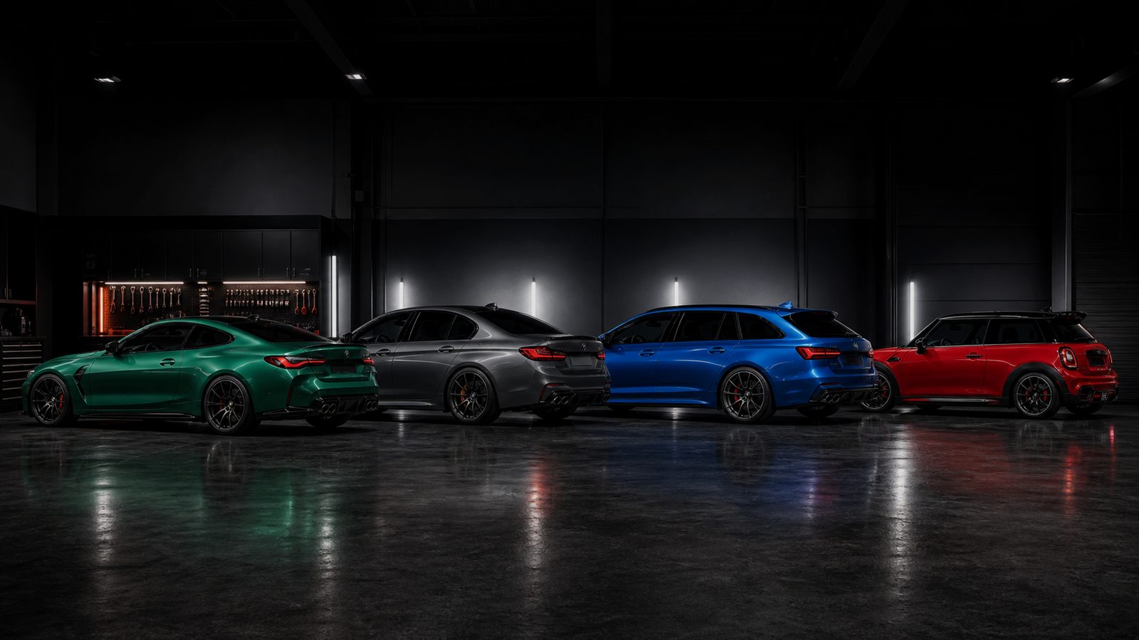 Lineup of tuned performance cars including BMW, Mercedes, Audi and Mini inspiration